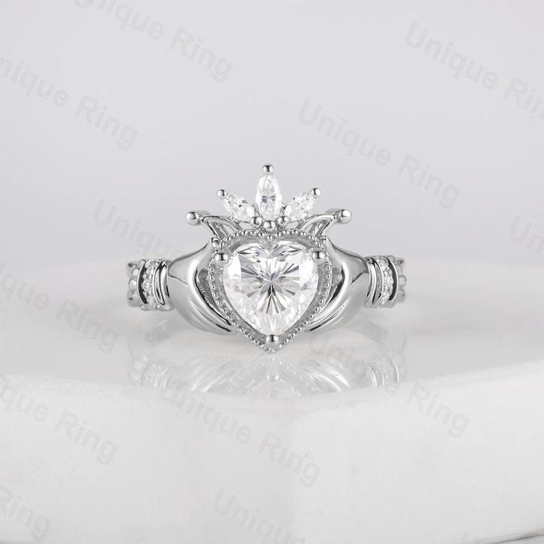 Claddagh Ring, Heart Shape Moissanite Claddagh Ring, Celtic Knot Ring, Irish Crown Heart Ring, Moissanite Heart Ring, Gold Hand Ring image 9