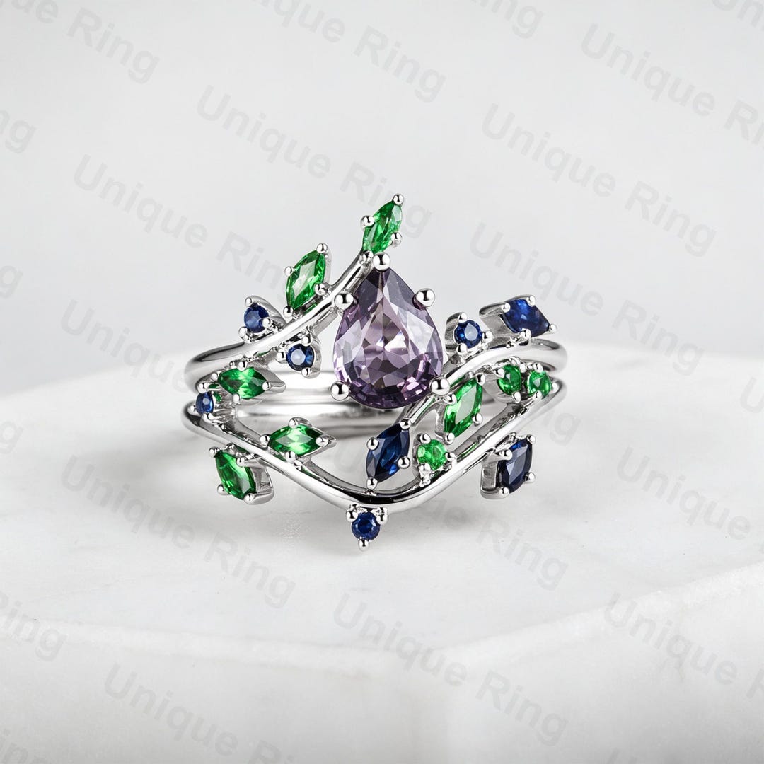 Cottagecore Leaf Ring | Pear Cut Purple, Sapphire, 14K White Gold ...