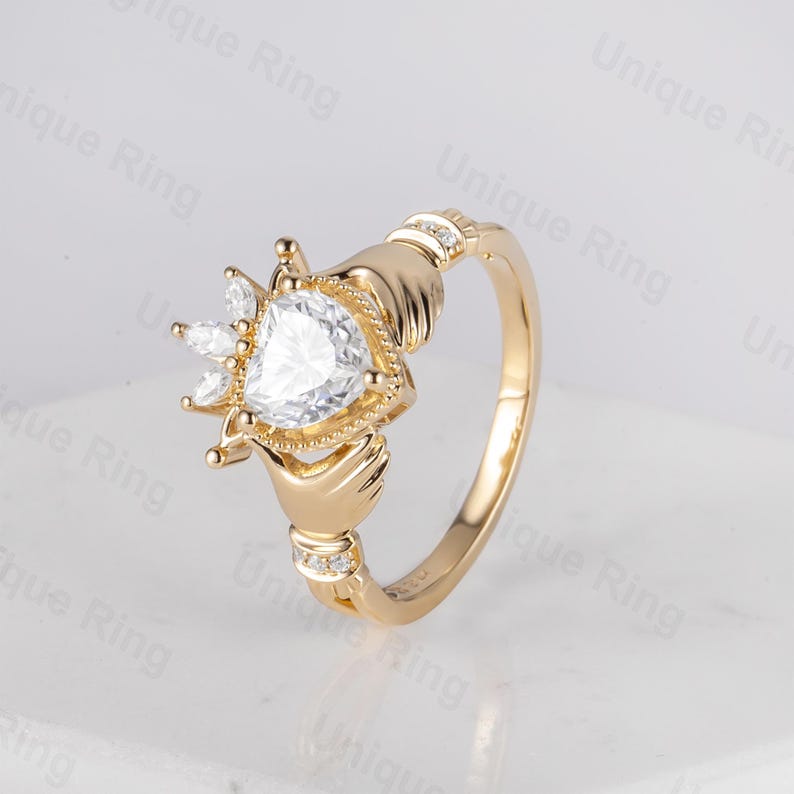 Claddagh Ring, Heart Shape Moissanite Claddagh Ring, Celtic Knot Ring, Irish Crown Heart Ring, Moissanite Heart Ring, Gold Hand Ring image 5