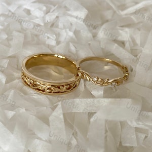 Natural Style Flower&leaf Wedding Ring Set. Cottagecore Leaf Gold Mens ...
