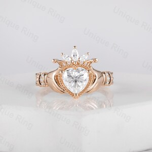 Claddagh Ring, Heart Shape Moissanite Claddagh Ring, Celtic Knot Ring, Irish Crown Heart Ring, Moissanite Heart Ring, Gold Hand Ring image 7