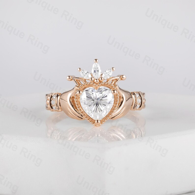 Claddagh Ring, Heart Shape Moissanite Claddagh Ring, Celtic Knot Ring, Irish Crown Heart Ring, Moissanite Heart Ring, Gold Hand Ring image 7