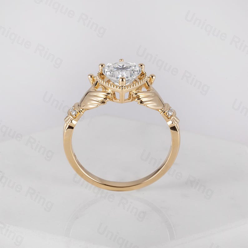 Claddagh Ring, Heart Shape Moissanite Claddagh Ring, Celtic Knot Ring, Irish Crown Heart Ring, Moissanite Heart Ring, Gold Hand Ring image 6
