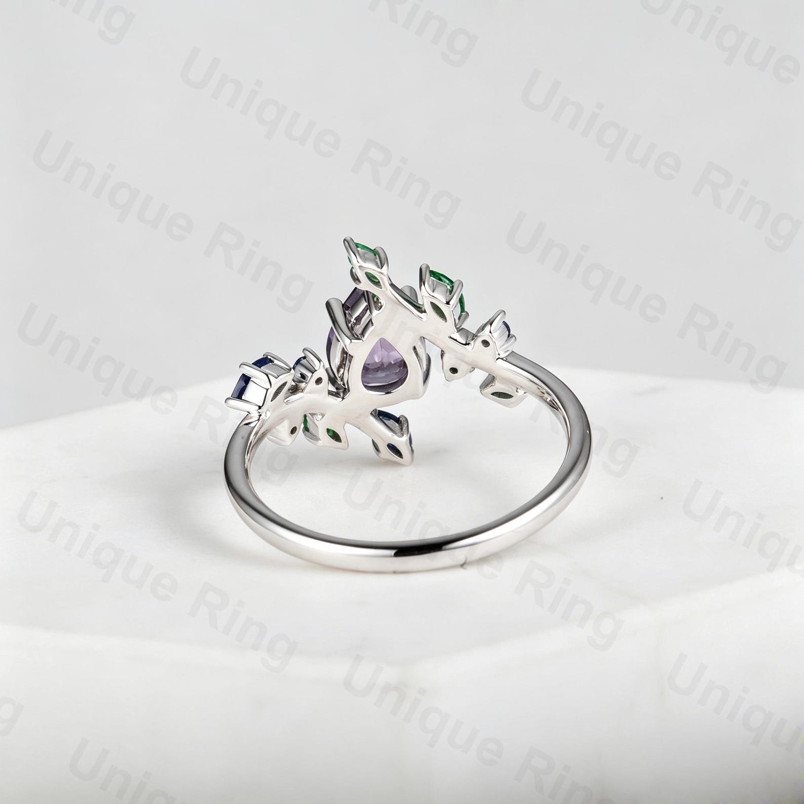 Cottagecore Leaf Ring | Pear Cut Purple, Sapphire, 14K White Gold ...