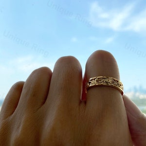 Cottagecore Leaf Solid Gold Mens Band Ring , 14K Gold Floral Wedding Ring ,Unique Wedding Ring 14K Gold Flower Pattern Band image 10
