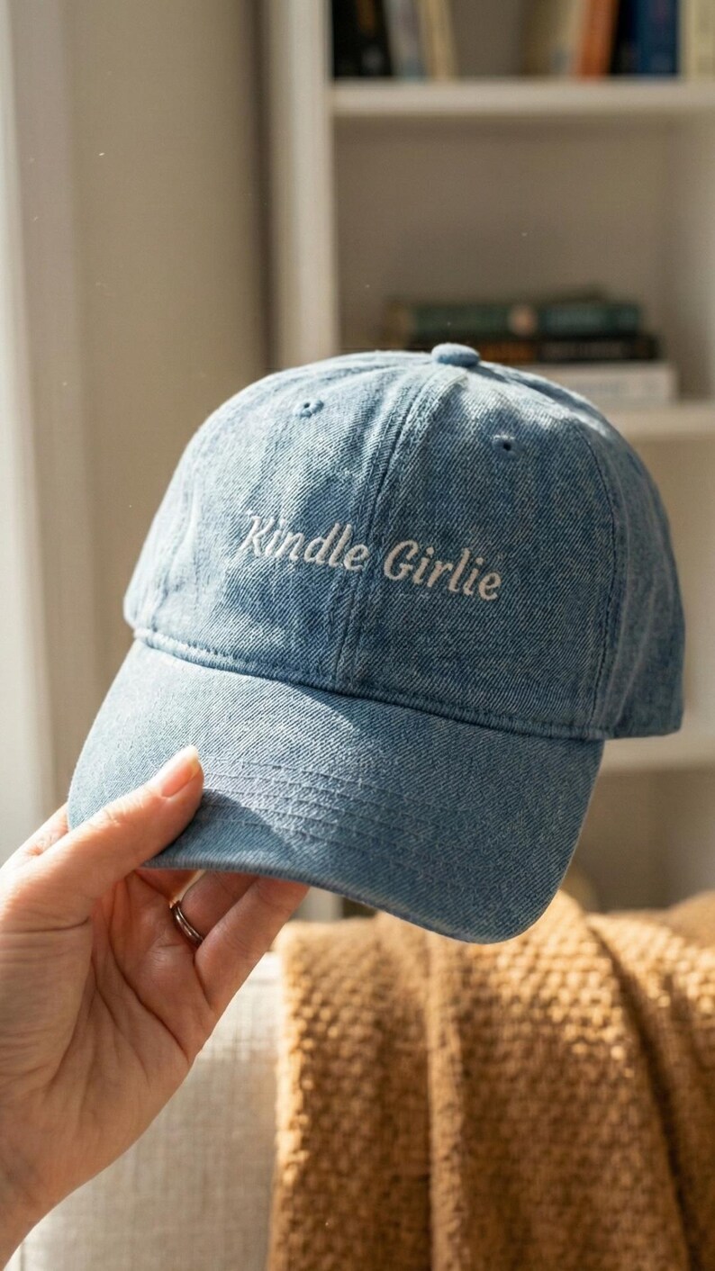 Kindle Girlie Embroidered Denim Hat | Bookish Baseball Cap | Book Lover Gift | Reader Accessories
