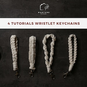 Paquete de 4 patrones de llavero Macrame / Llavero de pulsera DIY / Descarga instantánea / Tutorial fácil de Macrame para principiantes / Cómo hacer Macrame