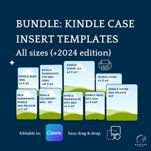 Op de afbeelding: Een digitale afbeelding die sjablonen voor Kindle-hoesinlegsels toont. De afbeelding toont verschillende Kindle-modellen met hun afmetingen, waaronder de Kindle Basic 2022, de Kindle Paperwhite 11e generatie, de Kindle Scribe 10.2, de Kindle Oasis, de Kindle Colorsoft 2024, de Kindle Paperwhite 10e generatie, de Kindle Basic 10e generatie en de Kindle Scribe 2024 Release. De tekst "Editable in: Canva" en "Easy drag & drop" is ook in de afbeelding opgenomen.