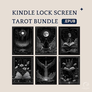 May include: A set of six black and white tarot card images for Kindle lock screens. Each image features a different tarot card design with a celestial theme. The images are available as an ePub file.