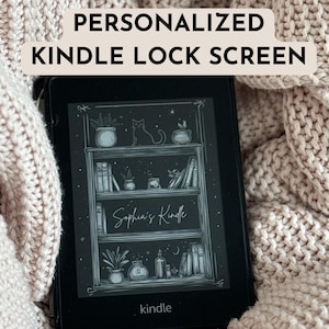 May include: A black and white illustration of a bookshelf with a cat, plants, and books. The text "Sophia's Kindle" is on the bookshelf. The image is on a Kindle e-reader.