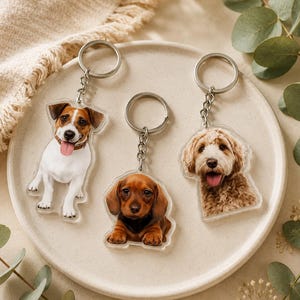 May include: Three dog-themed keychains with silver key rings. The dogs are a Jack Russell Terrier, a Dachshund, and a Goldendoodle. The keychains are clear acrylic with full-color images of the dogs.