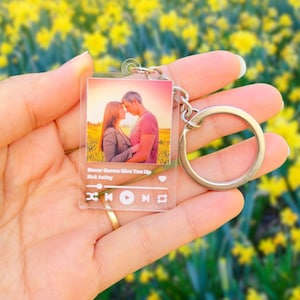 May include: A clear acrylic keychain with a photo of a couple inside. The keychain has a play button and a music note design. The text "Never Gonna Give You Up" is visible on the keychain.