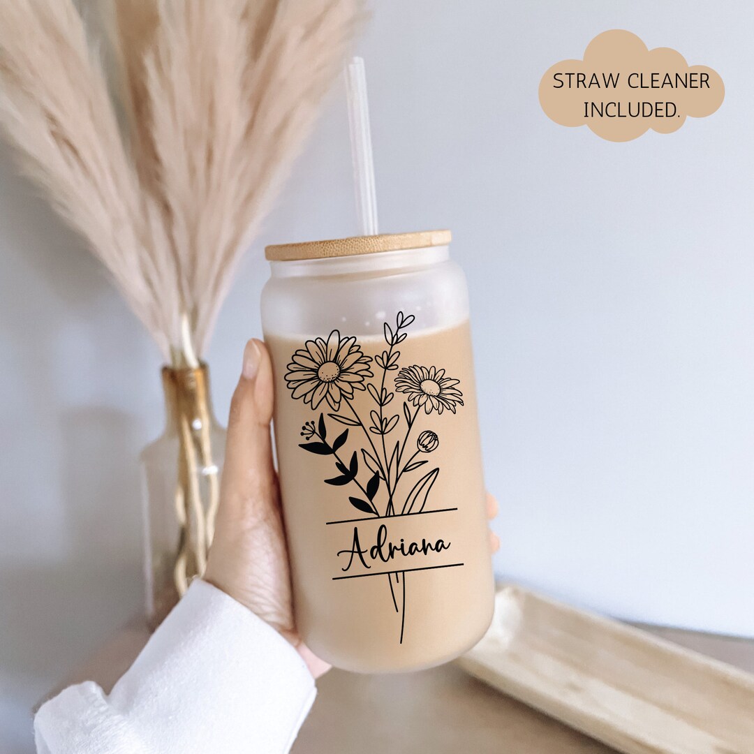 Personalized Birth Flower Glass Cup, Personalized Coffee Cup, Personalized Tumbler, Custom Glass ...