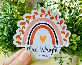 Custom Name Sticker Custom Boho Rainbow Sticker Personalized Stickers Custom Stickers Teacher Gifts for Her Custom Mrs Last Name EST Sticker