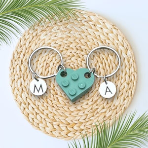 Heart Keychain Set Made with Genuine LEGO® Brick, Custom Stainless Steel Initial Matching Heart Keychain, Friendship Couple Anniversary Gift