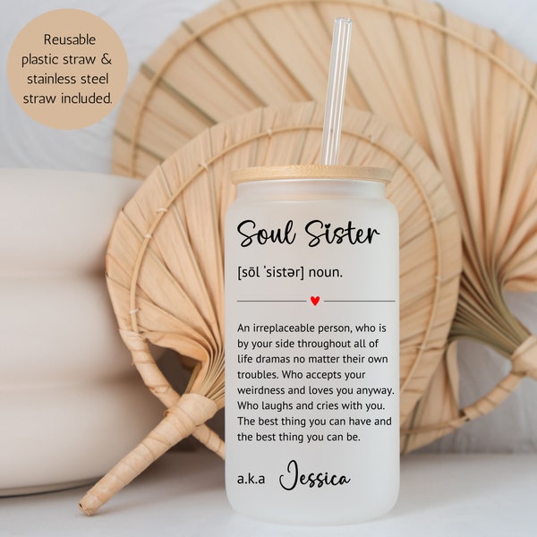 Personalized Name Glass Cup, Soul Sister Gifts, Bestie Gifts, Big Sis Little Sis Gifts, Personalized Iced Coffee Glass, Galentine Day Gifts