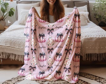 Personalized Halloween Blanket, Custom Baby Girl Blanket, Cute Ghosts Coquette Bow Blanket, Pumpkin Baby Shower Gift, Kids Halloween Gifts