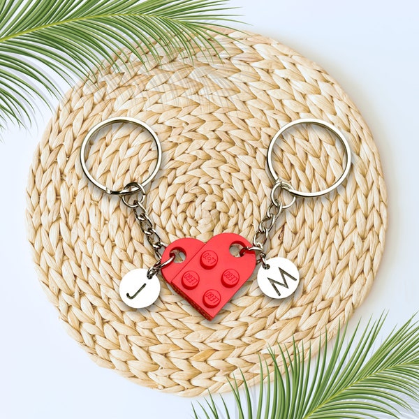 Heart Keychain Set - Made with Genuine LEGO® Bricks, Stainless Steel Initials Matching Keychains, Boyfriend Gifts, Best Friend Gifts for Him