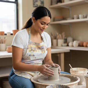May include: A person wearing a white t-shirt and a tie-dye apron working on a pottery wheel. The person is shaping a gray ceramic vase. Shelves in the background display finished pottery and art supplies.