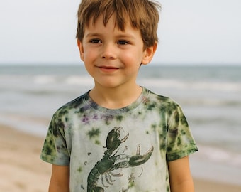 Algen-Picknick Upcycled Vintage Maine-Hummer-Kind-T-Shirt Sz S Hand-gefärbtes Ozeangrün-Lila Küsten-Cottagecore-Geschenk Pastellweich