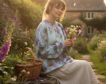 Moonlit Meadow handgeknoopt geverfd sweatshirt zachte katoenmix ronde hals maat 2XL Boho tie dye natuur geïnspireerde hippie ambachtelijke ambachtelijke cadeau botanisch