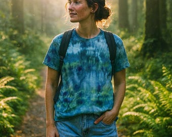 Fern Times Hand-Dyed Forest Green & Blue Tie-Dye Tee Size Large Gildan Nature-Inspired Unisex T-Shirt One-of-a-Kind Woodland Ice Dye