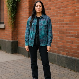 Hand-Dyed Flannel Shirt L Blue Green Lavender Plaid Tie Dye Button Up Cotton Stretch Top Boho Fall Layering Gift OOAK Artwear Reverse Dye