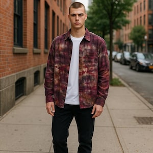 Hand-Dyed Flannel Shirt L Red Black Buffalo Check Plaid Tie Dye Button Up 100% Cotton Top Boho Fall Layering Gift OOAK Artwear Reverse Dye