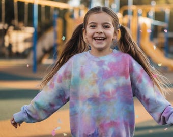 Fairy Meadow Jugend Hand Batiken Sweatshirt Kinder weiche Baumwollmischung Rundhalsausschnitt Sz S (6-8) Boho Tie Dye Loungewear Geschenk Handwerker gemütlich warm Pastel