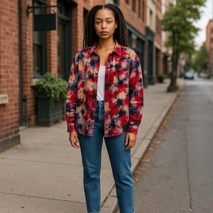 Hand-Dyed Flannel Shirt L Red Black Buffalo Check Plaid Tie Dye Button Up 100% Cotton Top Boho Fall Layering Gift OOAK Artwear Reverse Dye