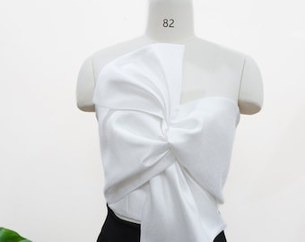 White Taffeta Bow Bustier Top: Twisted Off-Shoulder Design