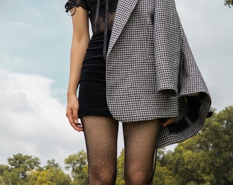 Oversized Houndstooth Wool Boyfriend Blazer