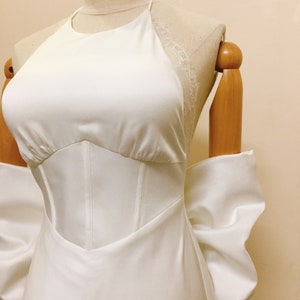 Minimalist silk Ivory Mermaid Wedding Dress, Backless Bridal Gowns, Chic Halter-neck Dresss, Bridal crepe simple Detachable wedding bow 3D