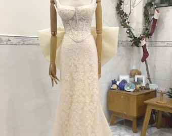 Custom Fabric Wedding Dress with Big Bow & Gloves