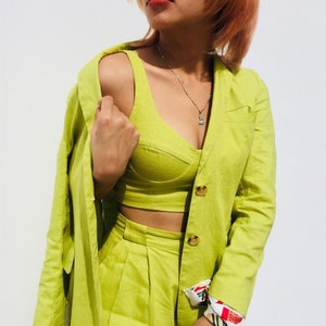 Light Green Avocaido suit 3 Peices Blazer Bustier Top and Shorts /  Linen Bustier Top / Bright Green Suit / Women linen blazer and Shorts