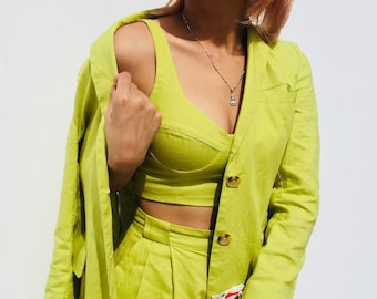 Linen Bustier Crop Top: Light Green Avocado Handmade Bralette