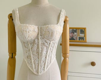 Women's  skin cream lace embroided mesh Bustier Corset
