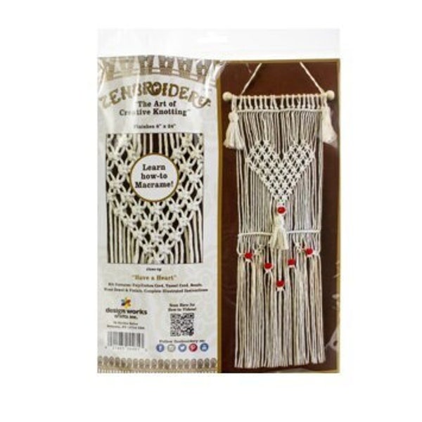 Macrame Wall Hanging Kit - Valentine Heart 8x24" Zenbroidery DIY Beginner Craft Kit Knotting Weaving Yarn Fiber Art Gift Holiday Projects