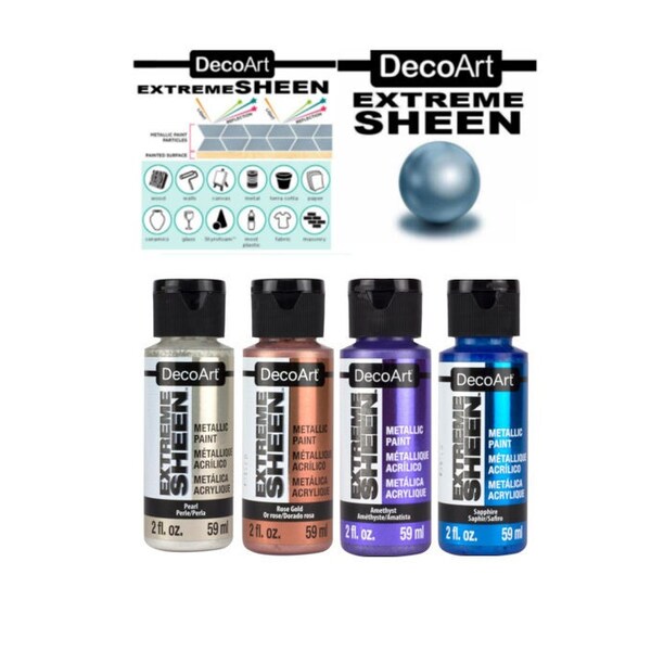 Deco Art Extreme Sheen 2 oz Metallic Gemstone Paint Set of 4 Pearl Rose Gold Sapphire Amethyst Blue Purple Bundle #3 Acrylic Wood Furniture