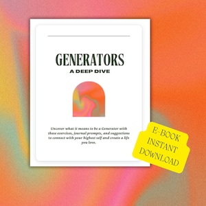 Puede incluir: Una portada de libro blanca con el título "GENERATORS: A DEEP DIVE" en texto negro. Un diseño abstracto colorido se presenta en la portada. El texto "E-BOOK INSTANT DOWNLOAD" está en una pegatina amarilla.