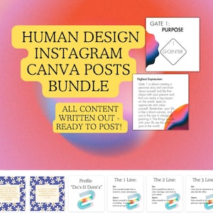 May include: A digital marketing bundle for Instagram featuring Human Design Canva posts. The bundle includes a variety of posts with text and graphics, including a profile section, a "Do's & Don'ts" section, and a section on the "The 1 Line", "The 2 Line", and "The 3 Line".
