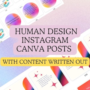 Può includere: Una collezione di post Instagram Canva colorati con testo su Human Design. Il testo include le parole "The 6 Line", "Reflection Questions for each Profile Line", "Don't's", "Do's" e "Human Design Instagram Canva Posts with Content Written Out".