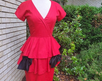Vintage 1980s Dress From Guy Laroche Custom Designed Red Dress From Pairs France Peplum Skirt