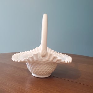 Vintage Fenton Hobnail Milk Glass Basket wuth Handle White Milk Glass
