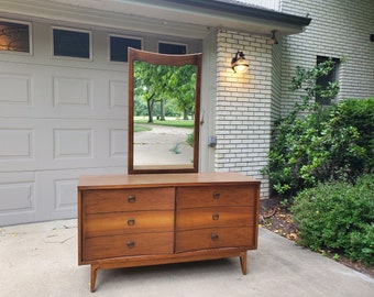 Vintage Walnut Long Dresser Mid Century Modern Johnson Carper Credenza Lady's Dresser