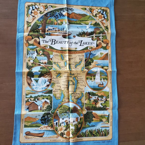 Vintage Tea Towel with Lakes Print The Beauty of the Lakes Make in Great Britain