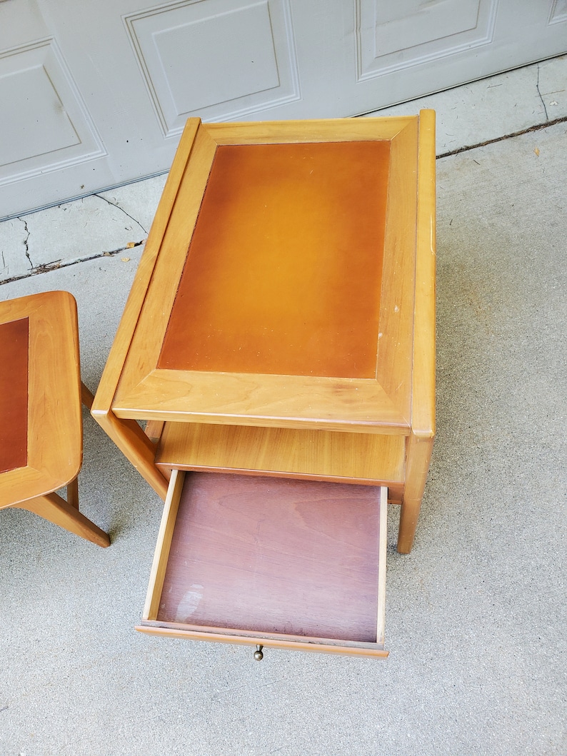 Vintage Leather Top Coffee Table End Table Set Mid Century Modern End