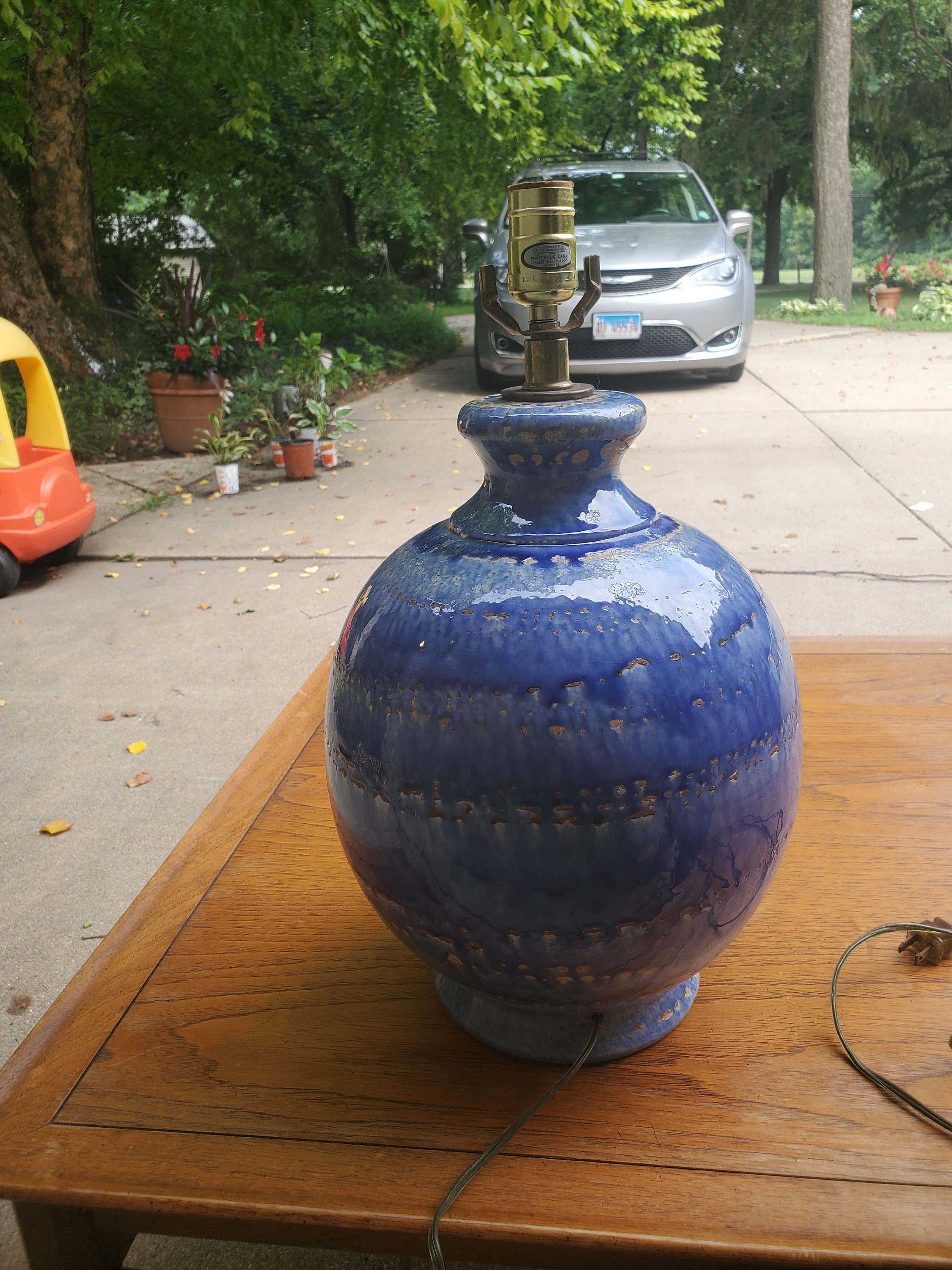 Vintage Blue Pottery Lamp Drip Glaze Finish Mid Century Modern Etsy