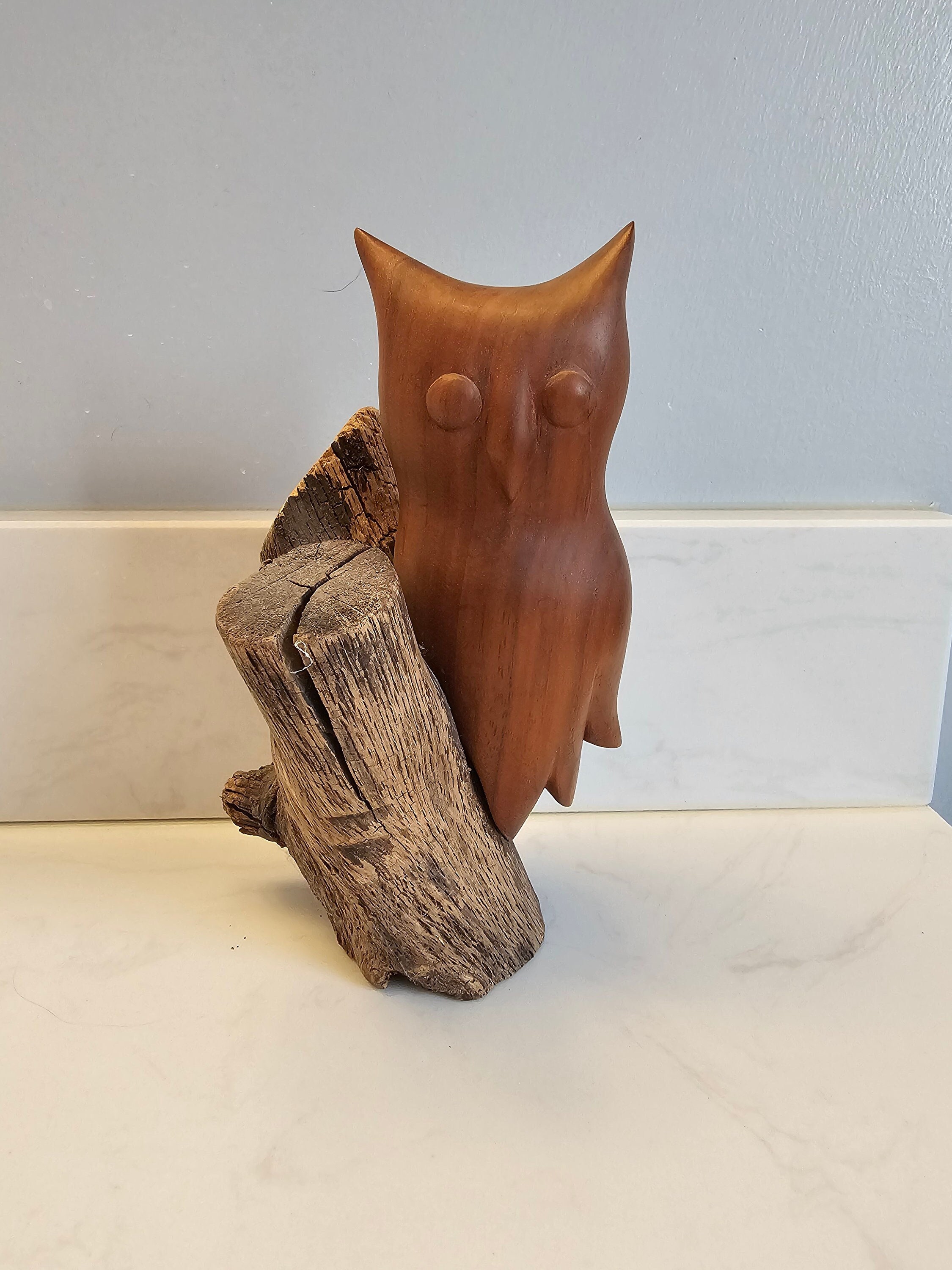 Vintage Mid Century Modern Walnut Owl on Driftwood Signed Cliff