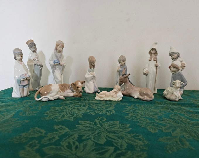 Vintage Lladro Nativity Set 11 Pieces Jesus Mary Joseph 3 Wisemen 3 Sheppards Donkey and Cow